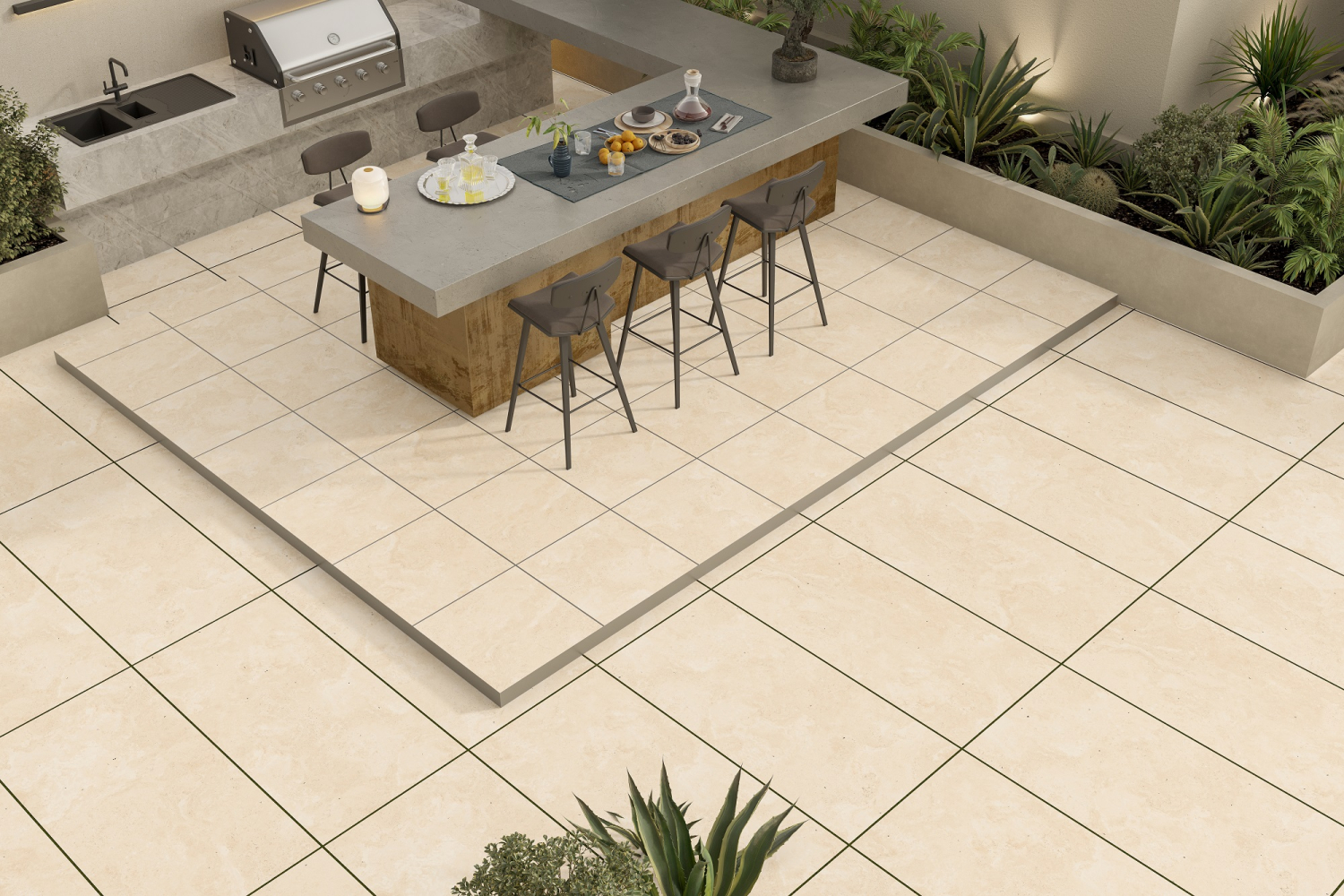 Фото Керамогранит Ennface Outdoor Travertine Cross Avorio Structured R11 60x60х2 см крупным планом — купить в Краснодаре в салоне МАКСАНН